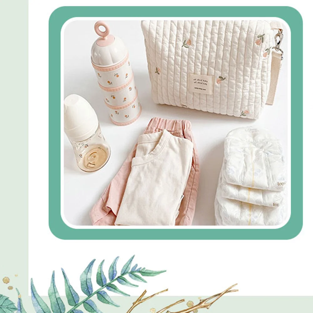 Mommy Single Shoulder Bag Zipper Embroidery Cute Bear Print Creamy Color Mom Bag Outing Baby Stroller Diaper Bags Simple Style