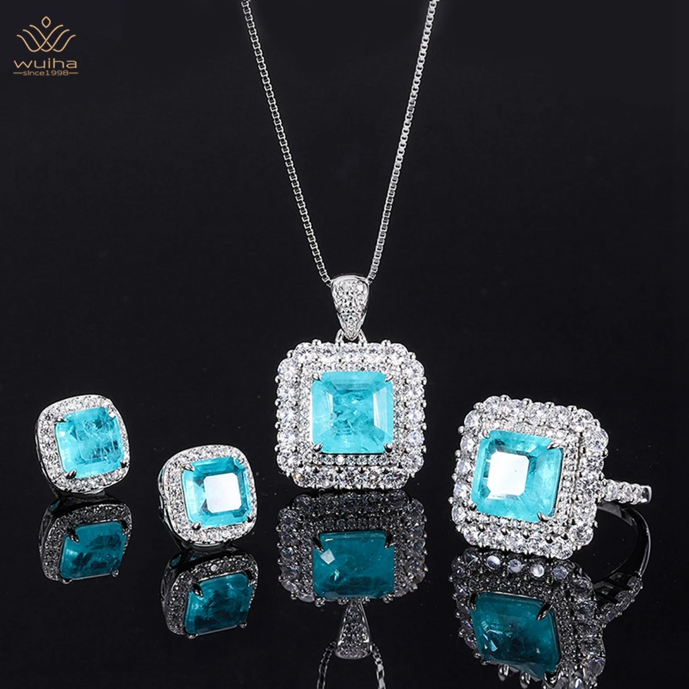 

WUIHA 925 Sterling Silver 10*10MM Sapphire Faceted Gemstone Ring/Earrings/Pendant/Necklace Anniversary Jewelry Set Drop Shipping