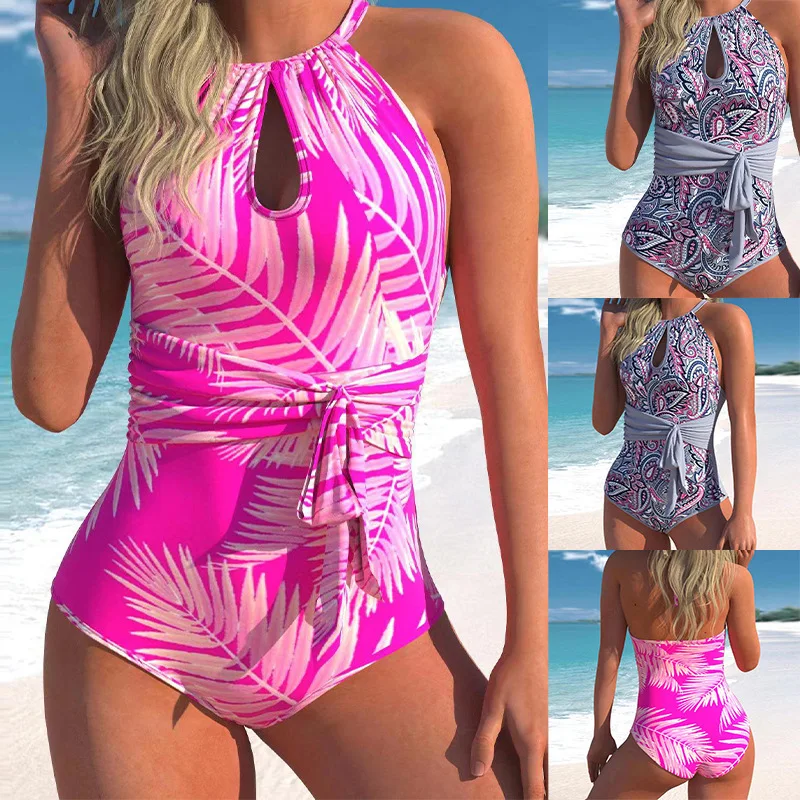 

European and American New One-Pieces for Women Halter Push up Lace-up Digital Printing Swimsuit for Women