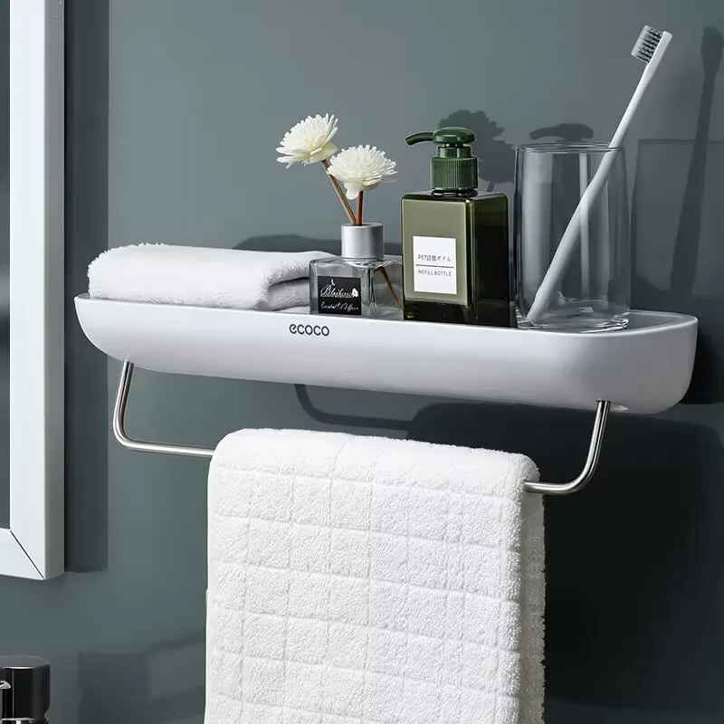

ECOCO Bathroom Organizer Kitchen Home Accessories Storage Rack Toilet Washroom Wall With Towel Bar Storage suction cup Shelf