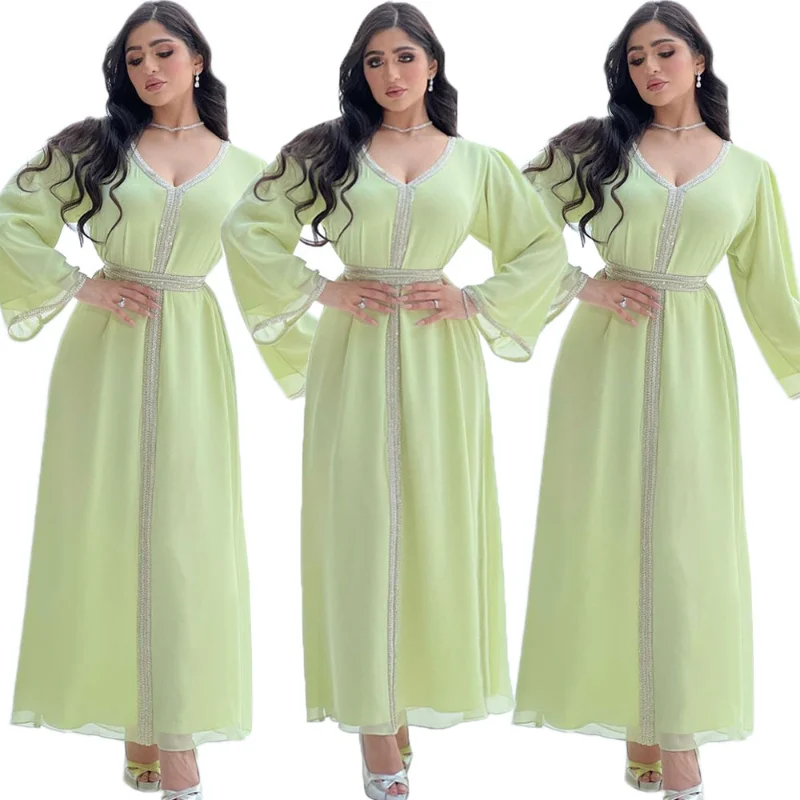 Arabic Abaya Luxury Beading Muslim Women Long Dress Dubai Turkey Moroccan Jalabiya Maxi Robe Chiffon Summer Hijab Dress Ramadan