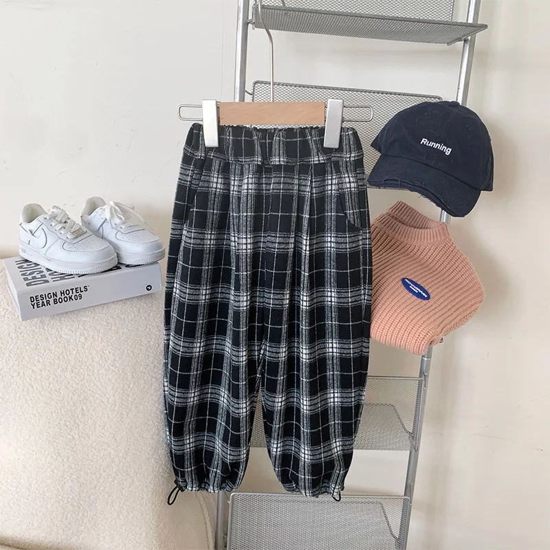 

Boys Plaid Pants Loose Elastic Waist Unisex Spell Color Unisex Plaid LOOSE 2022 New Korean Version Open-seat Pants