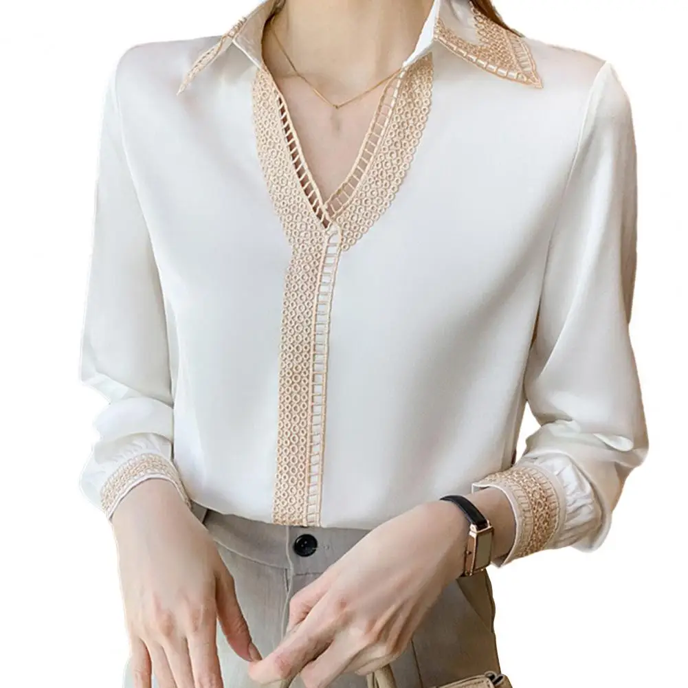 

Женский пуловер с отложным воротником и V-образным вырезом, свободная тонкая Рабочая блузка с длинным рукавом и вышивкой, топы для работы