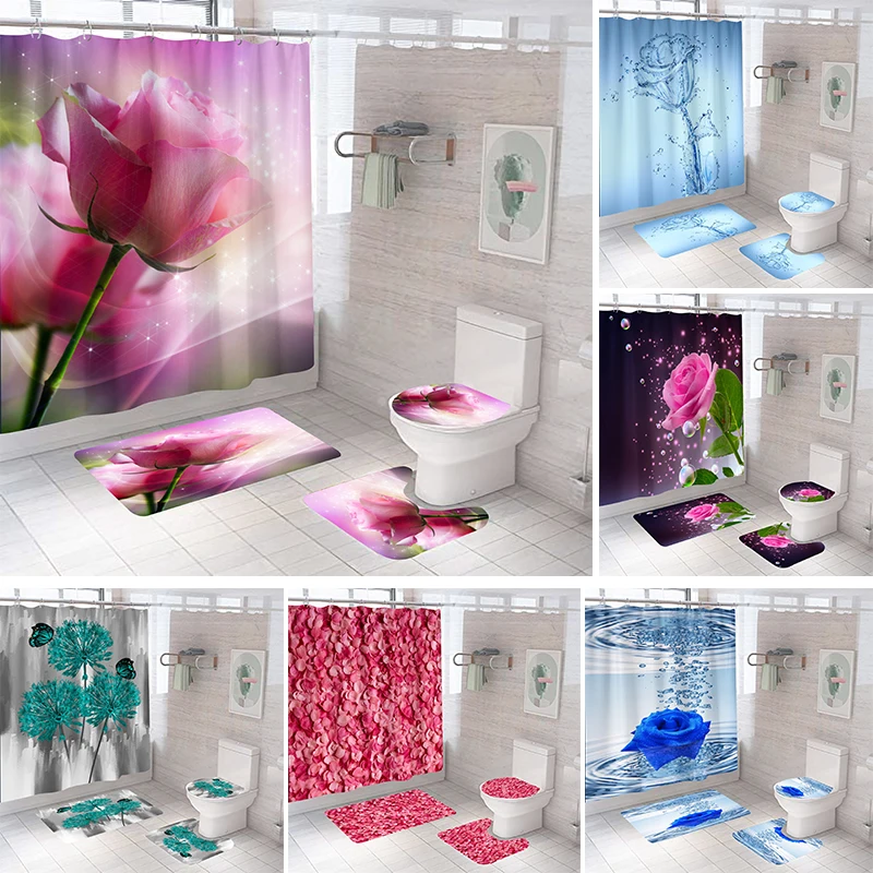 

Набор занавесок для ванной комнаты с цветами лепесток розы с крючком Противоскользящий напольный коврик крышка для туалета украшение для в...