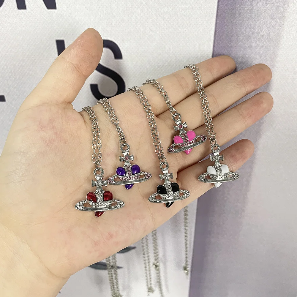 

New Trend Fashion Saturn Stud Earrings Heart-shaped Women Love Heart Saturn Necklace Female Luxury Jewelry