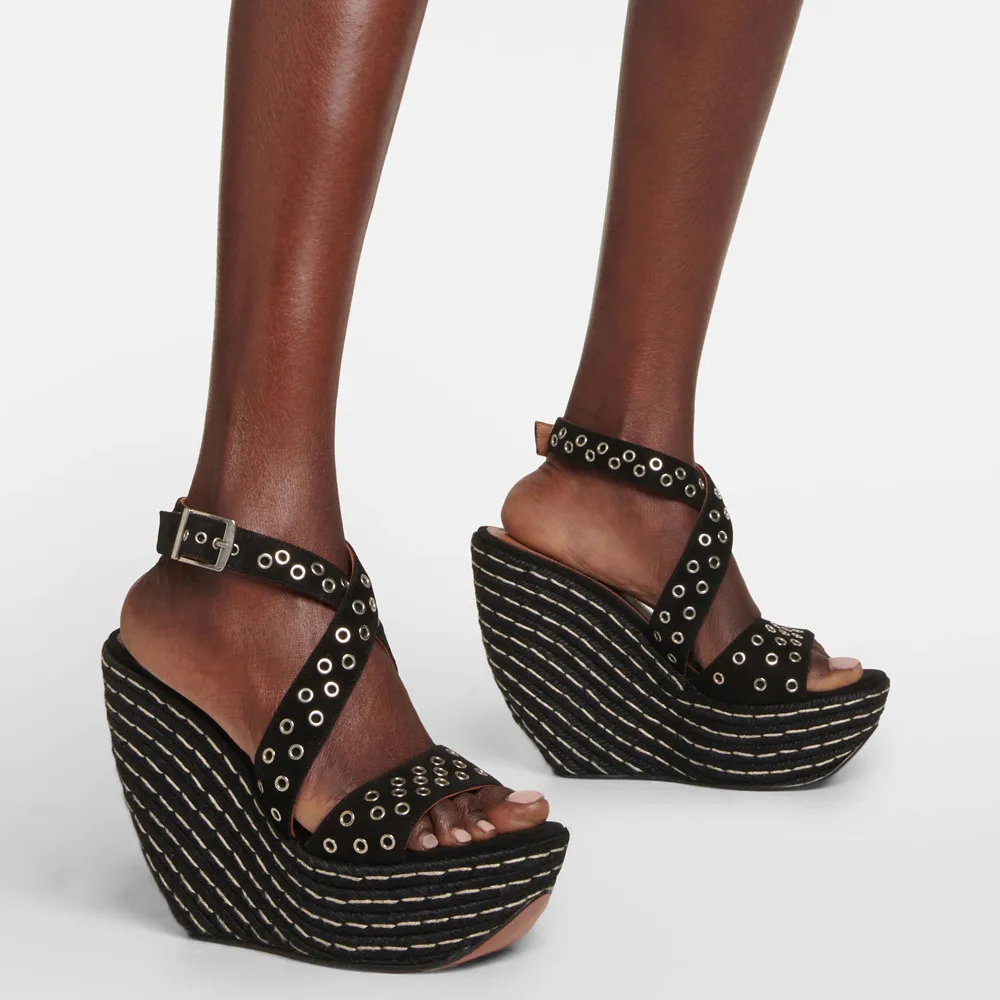 

Летние новые женские туфли, сандалии на высоком каблуке, на танкетке, привлекательные сандалии на толстой подошве с металлическим украшением, плетеные сандалии на платформе из конопли