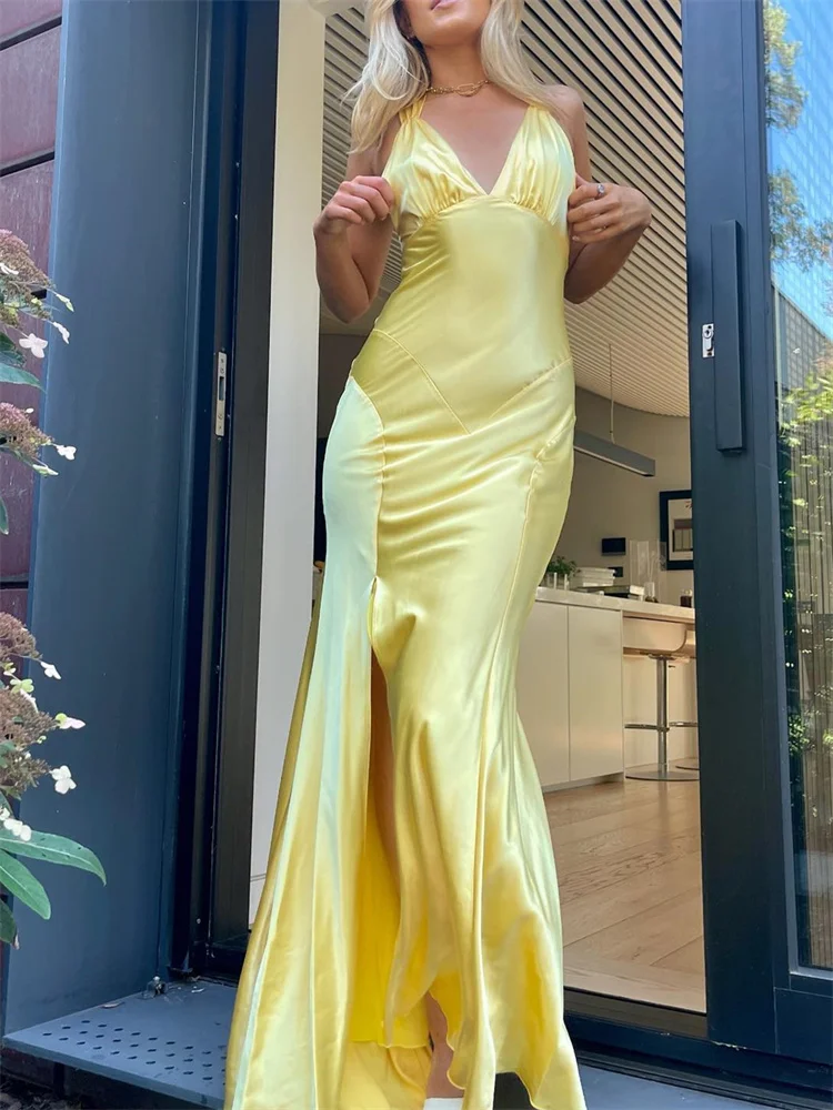 

CHRONSTYLE атласное элегантное женское длинное платье макси Летняя Вечеринка Клубная одежда 2022 пикантное женское платье с V-образным вырезом и о...