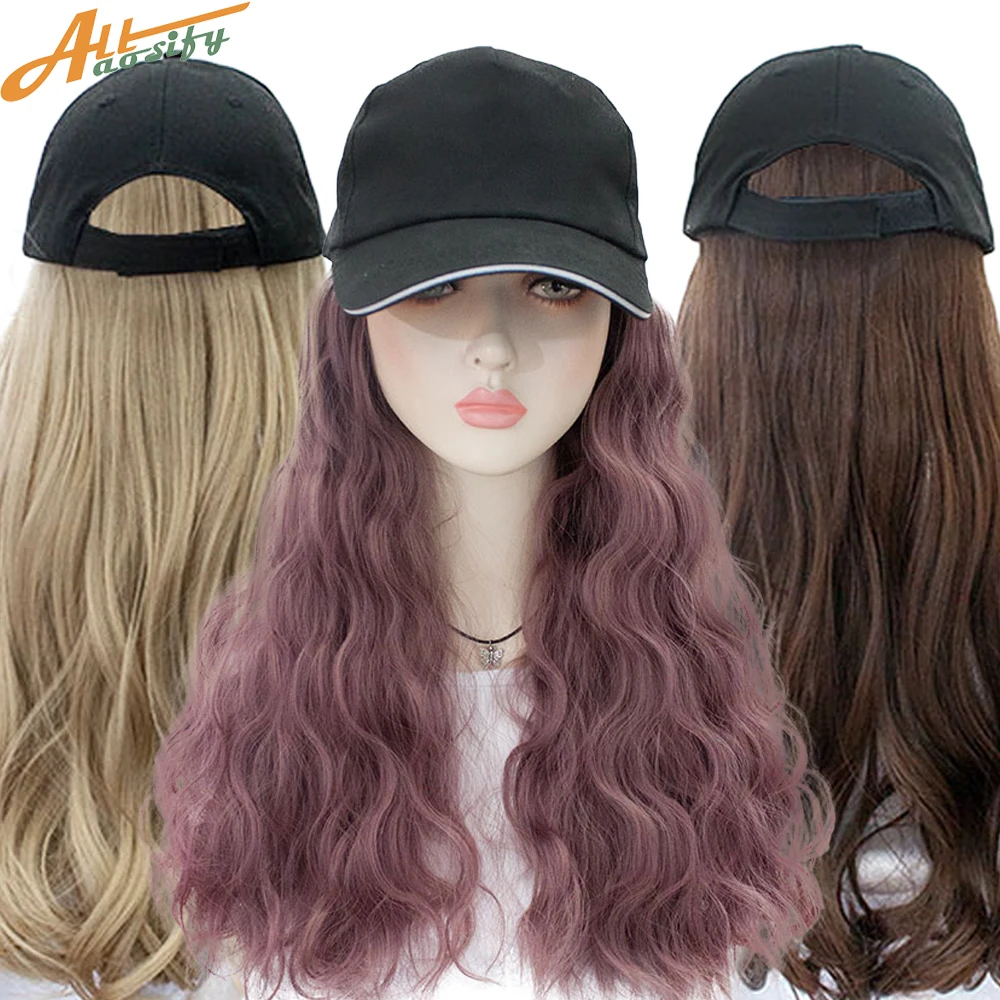 Allaosify Synthetic Wig Hat Long Curly Wavy Brown Blonde Hair Extension Black Cap With Hair Natural Adjustable  Baseball Cap Wig