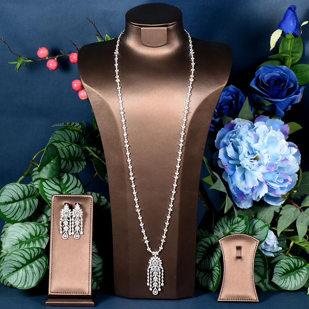 HIBRIDE Fashion Luxury Tassel Statement Jewelry Set For Women Wedding Party Long Sweater Chain Necklace And Earring Set N-1292