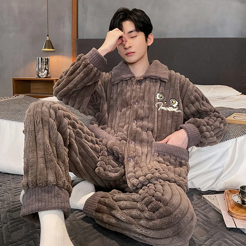 QUHENG Pajama Set Male Thicken Warm Flannel Long Sleeved Cartoon Men Winter Leisure Loose Home Cloth Autumn Loose Men Sleepwear
