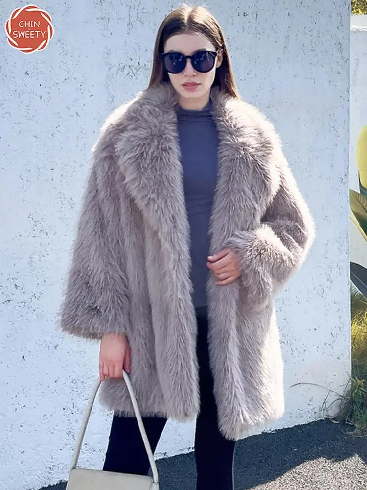 Furry Coat Women's Faux Fur Coat Mid-Length Suit Collar Loose Thick Warm Casual Jacket Long Artificial Fur Coat 2022 Outerwear