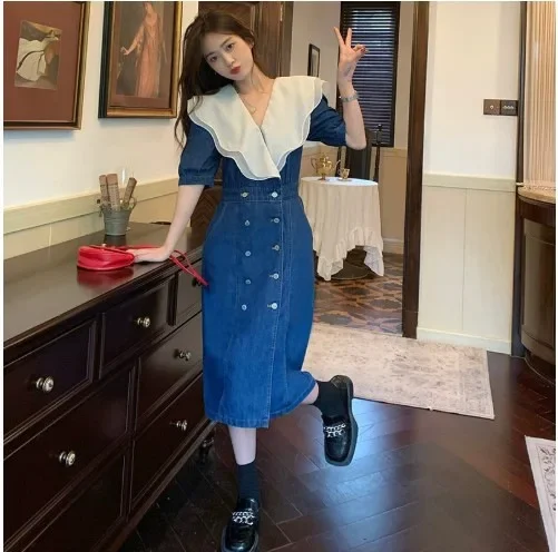 Французское стильное нишевое лоскутное двухрядное джинсовое платье на