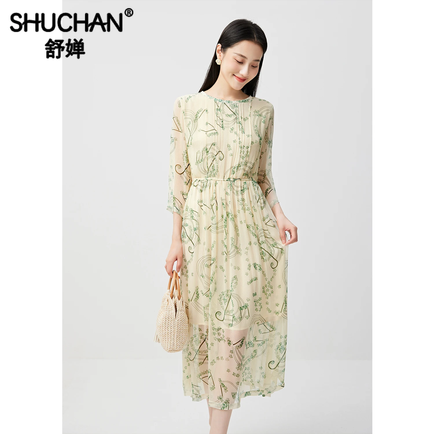 

SHUCHAN print long dress women A-LINE Mid-Calf O-Neck vestido largo elegante para fiesta Summer Three Quarter sleeve