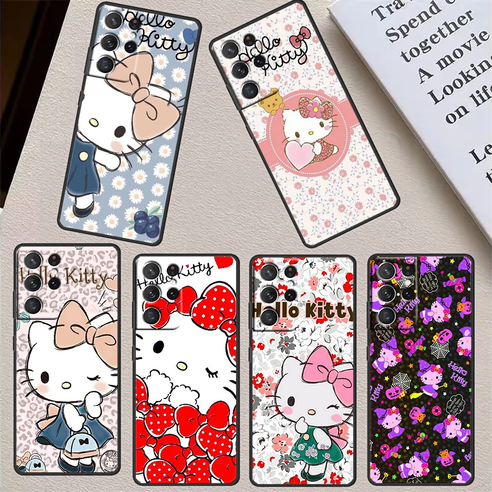 

Cat Cartoon Hello Kitty For Samsung S23 S22 S21 S20 FE Ultra Pro Lite S10 S10E S9 Plus 5G Soft Black Phone Case Cover