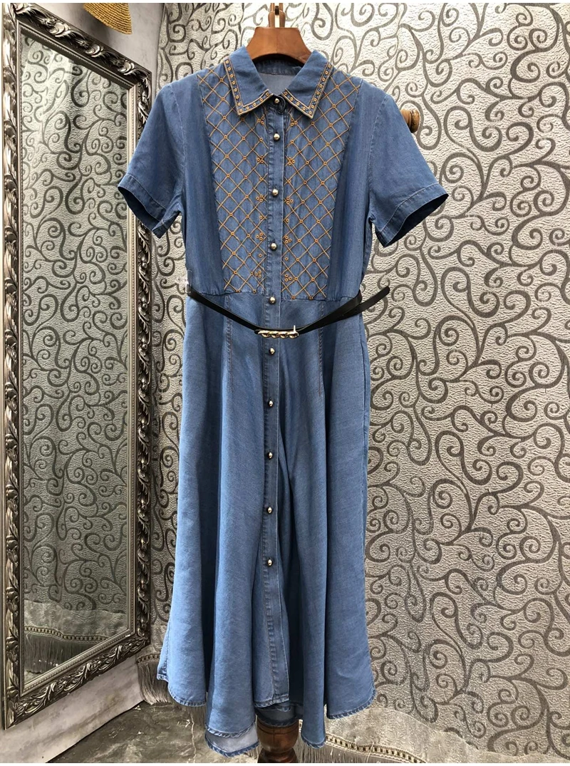 

Женское джинсовое платье с поясом, Повседневное платье из денима с отложным воротником и аппликацией, украшенное вышивкой, с коротким рукавом, лето 2023