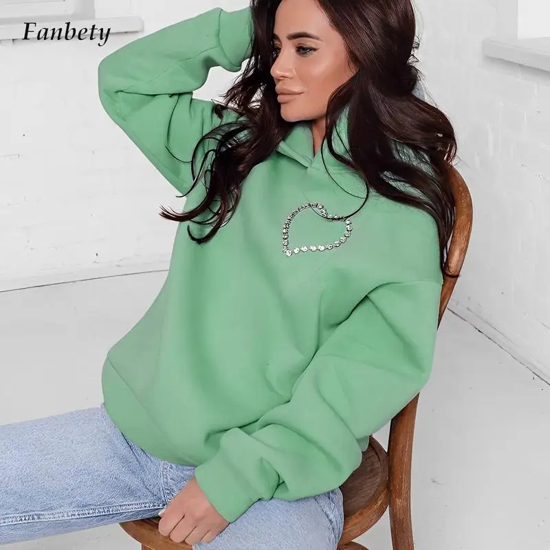 

Fashion Backless Hollow Out Hooded Tops Women Sexy Love Rhinestones Loose Sweatshirts Casual Long Skeeve Solid Pullover Hoodies