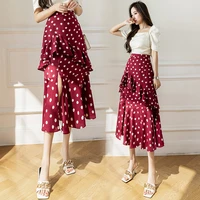 wishertong elegant womens skirts high waist chiffon ruffles polka dot skirt korean fashion midi skirts female summer 2022