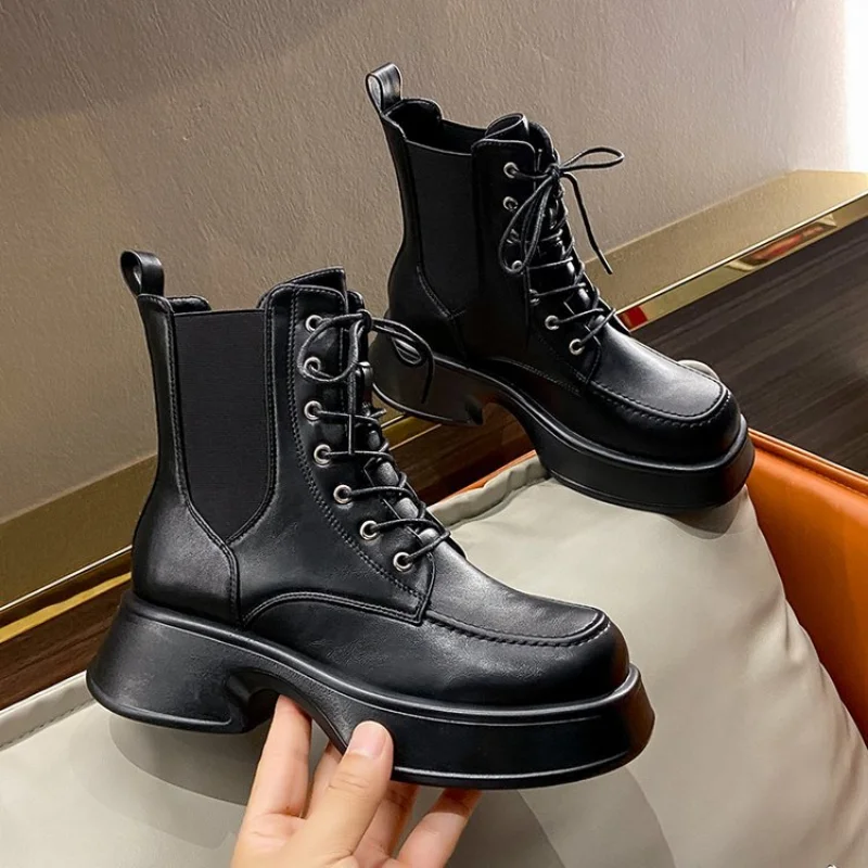 2023 Women's Shoes Lace Up Boots Women Flat Heel Fashion Summer  Autumn Rubber Lolita Low Ankle Rock Ladies Cross-tie 35-40