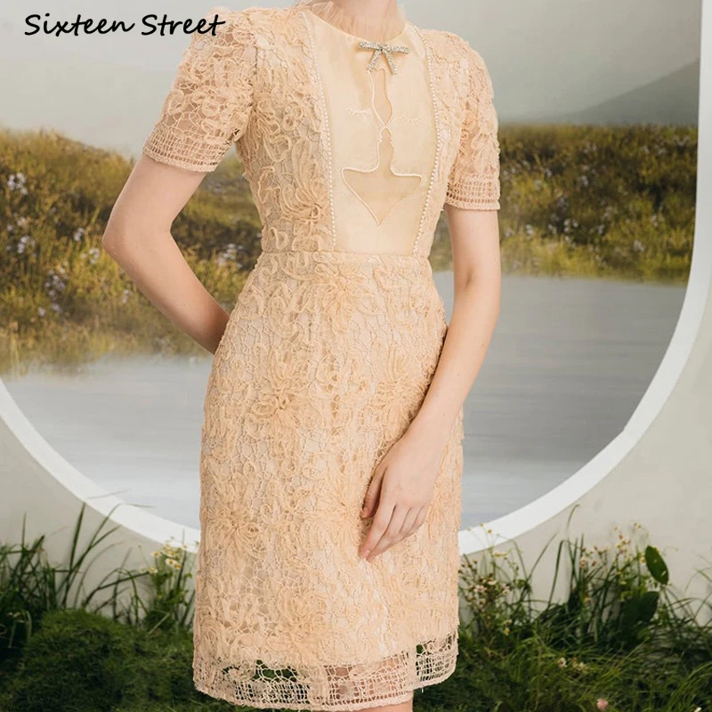 

Женское кружевное платье с коротким рукавом, элегантное винтажное облегающее мини-платье цвета хаки с цветочным узором, лето 2022