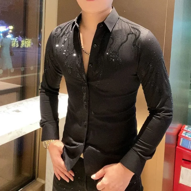 Black Spring and Autumn Men's Long-sleeved Shirt, Korean Version Hot Diamond Lapel Button Shirt, New Men's Clothing Hawaiian