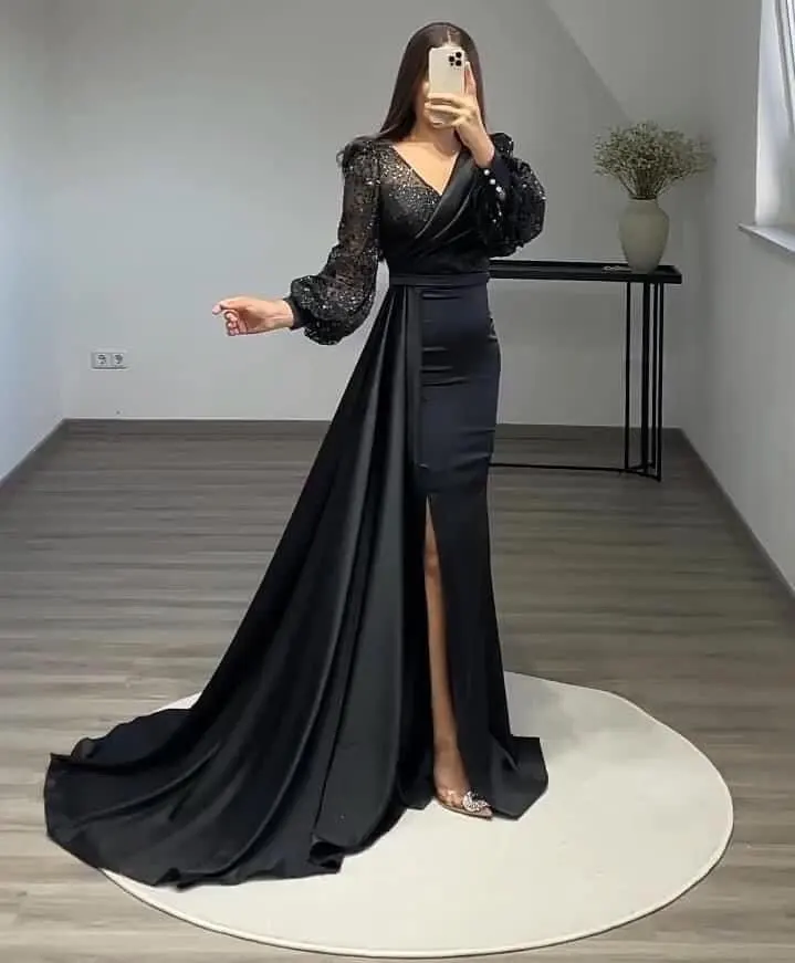 

Вечерние блестящие черные платья Verngo с юбкой-годе со съемным шлейфом и длинными рукавами-фонариками плиссированные арабские женские платья для выпускного вечера