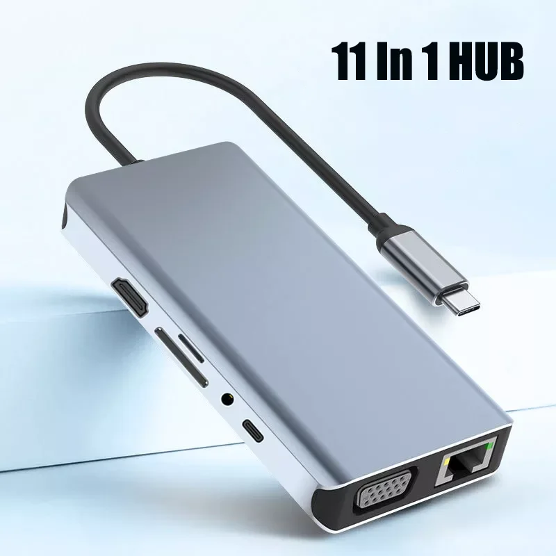 Free shipping HUB To HDMI-compatation VGA PD RJ45 TF/SD Reader Adapter Dock USB3.0 11 Splitter Port Dock Type C HUB For Macbook