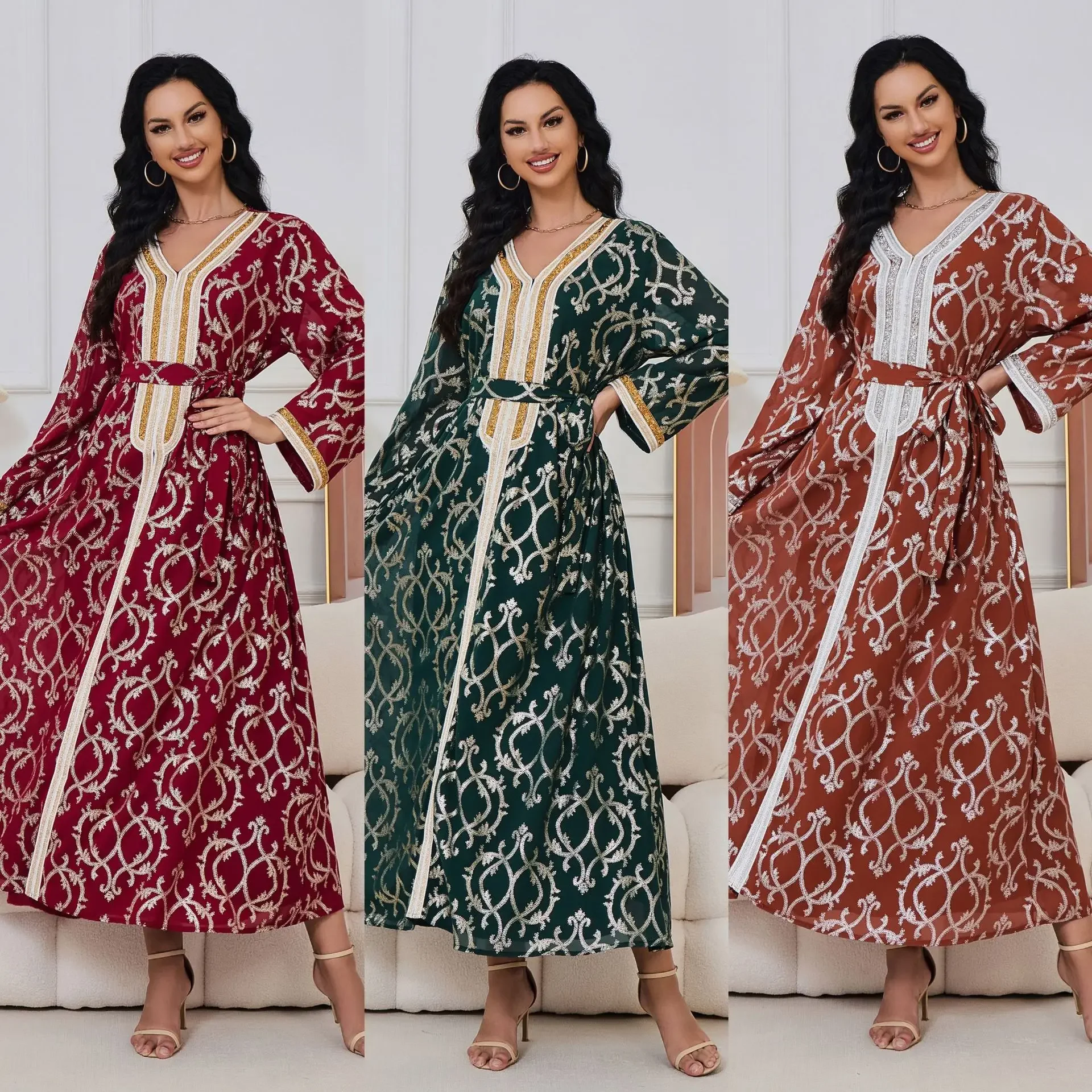 Арабское элегантное мусульманское платье женское длинное Абая с принтом Дубая и