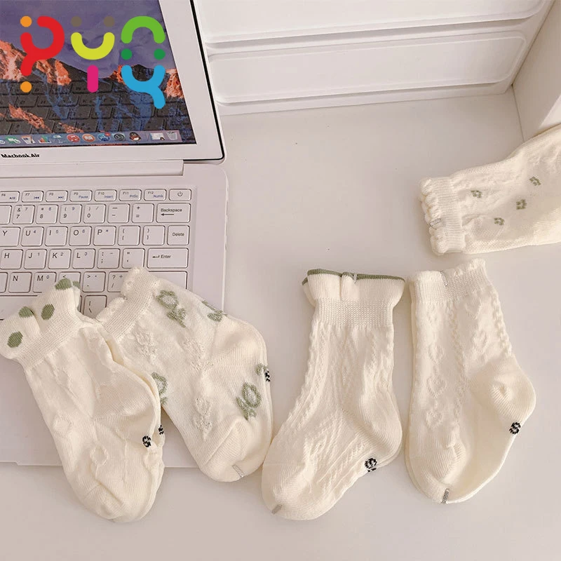 Children's Socks 2023 New Spring Autumn PYQ Sweet Cotton Kids Dark Flower Socks For Girls Solid Color Mid Tube Socks 0-6 Years