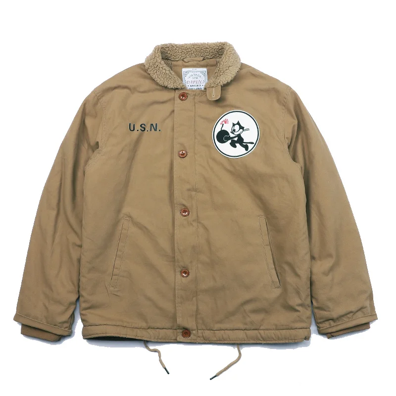 

Mens N1 Teddy Bear Sherpa Collar Varsity Zip Up Deck Jacket USN Vintage Military Winter Coat Thick Khaki