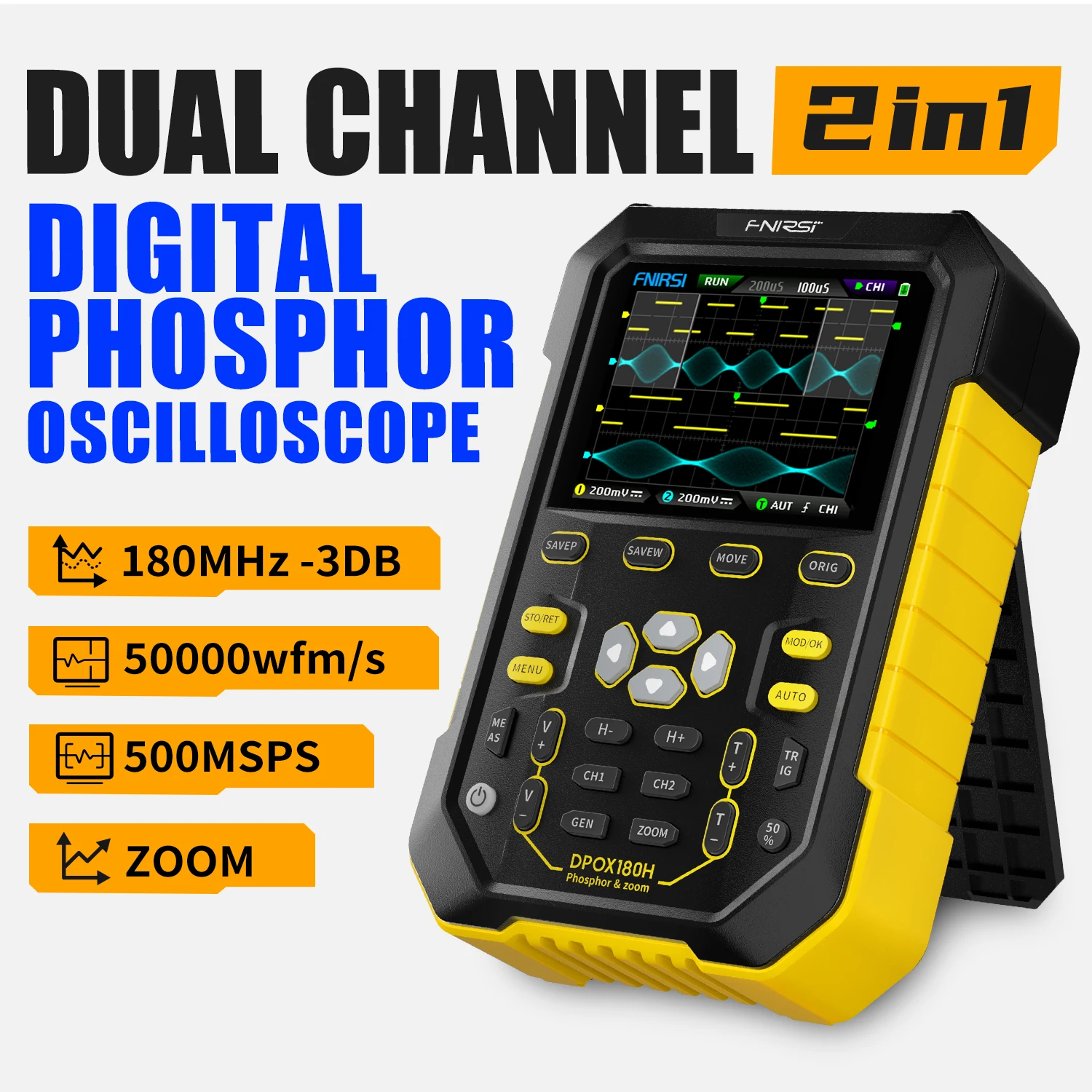 

FNIRSI DPOX180H Handheld Phosphor Digital Oscilloscope 180MHz -3DB 50000wfms/s Dual Channel 20Mhz Signal Generator ZOOM XY FFT