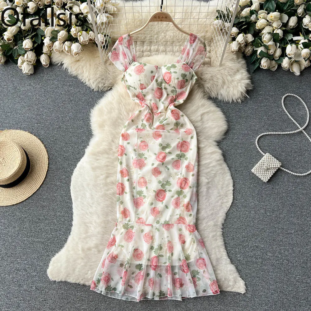 

Ofallsis Romantic Retro Floral Printed Suspender Dress 2023 Summer New French Sweet Waistband Mesh Slim Fitting Fishtail Dresses