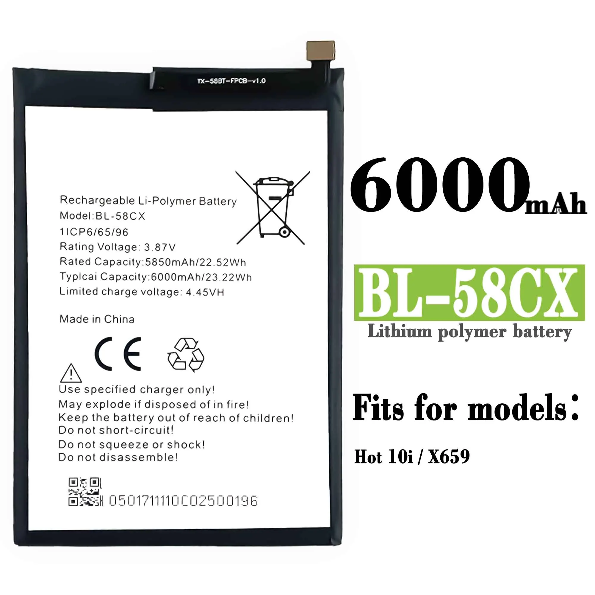 

Compatible For infinix / X659/Hot 10i/X659B BL-58CX 6000mAh Phone Battery Series