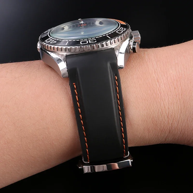 Фото Силиконовый ремешок для часов Omega Planet Ocean 600 Quarter Orange Seamaster 300, 22 мм, резиновый ремешок с изогнутым концом, водонепроницаемый мужской браслет №4