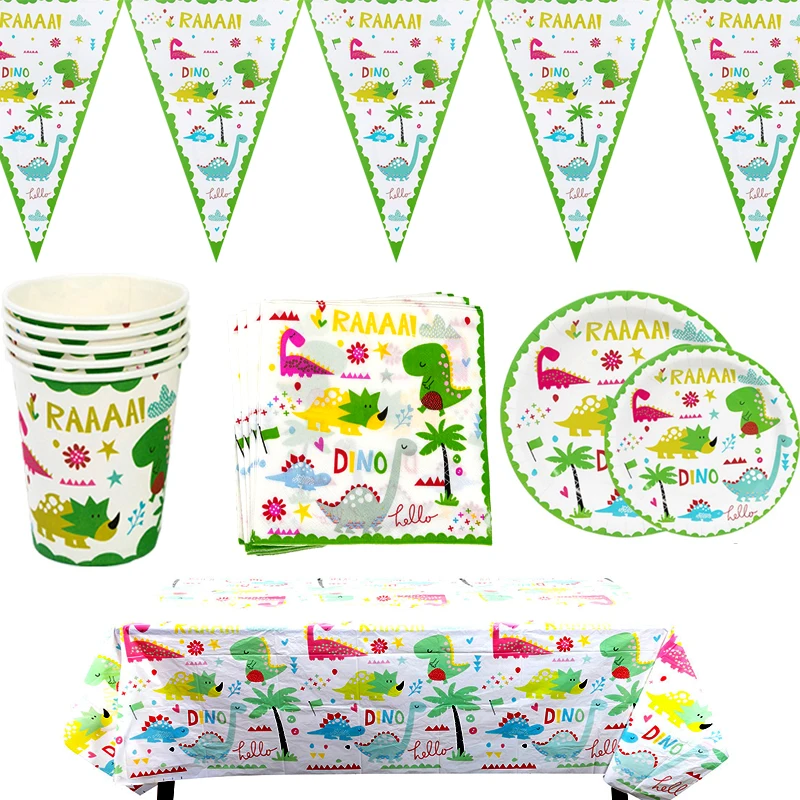 51pcs/lot Dinosaur Theme Tableware Set Birthday Party Napkins Flags Baby Shower Tablecloth Plates Cups Decora Boys Favors Dishes