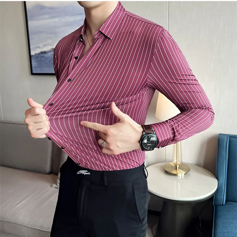 

2022 British Striped Shirts Mens Long Sleeve Business Formal Dress Shirt Casual Slim Fit Dress Streetwear Social Party Clothing