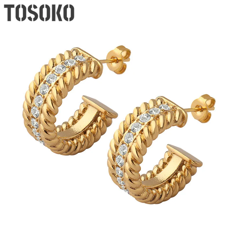 

TOSOKO Stainless Steel Jewelry Threaded Zircon Earrings Female Fashion Double Row Fried Dough Twist Earrings BSF082