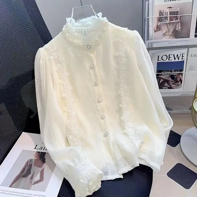 Женская кружевная рубашка с длинным рукавом демисезонная в стиле ретро