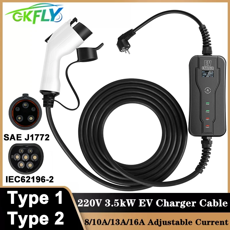 220v car portable ev charger electric vehicle type 1 plug 16a 5m sae j1772 level 2 evse controller charging stations for leaf free global shipping