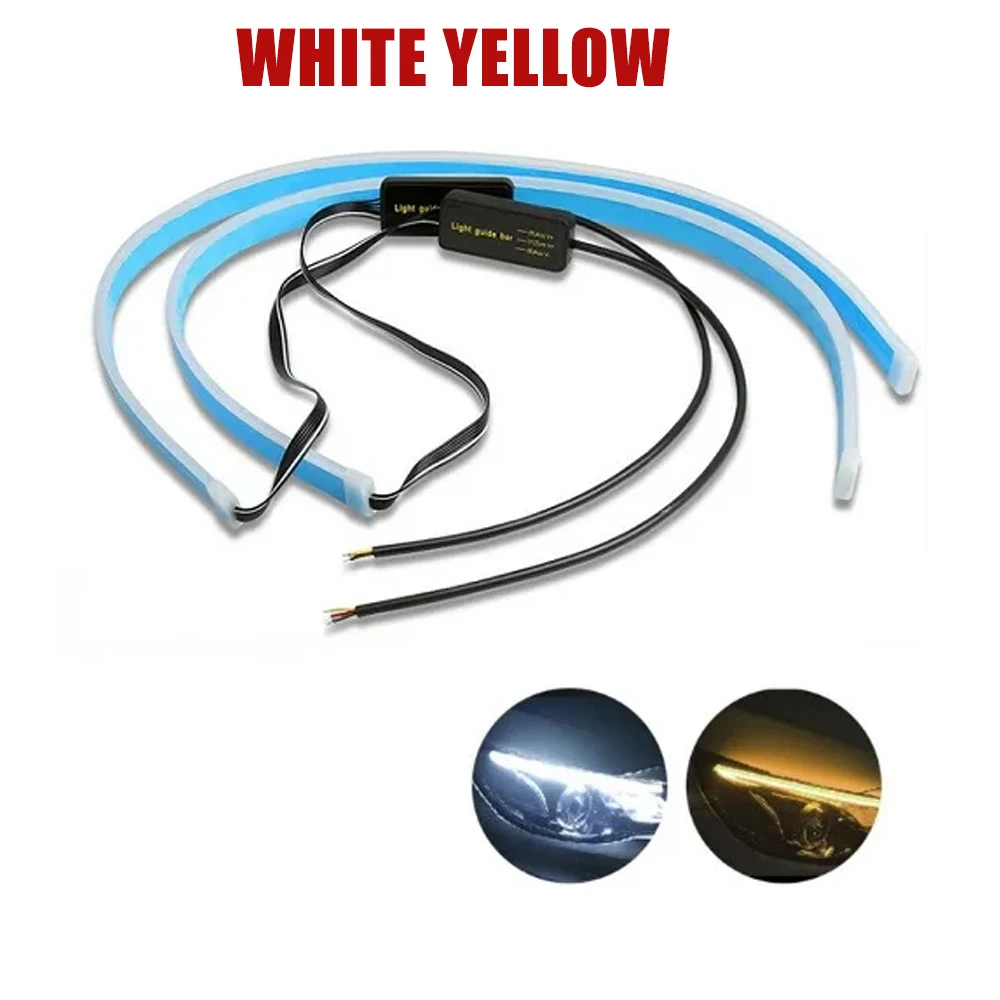 

2 шт., 12 В, светодиодная направляющая лента, фара для автомобиля, дневные ходовые огни, лампа указателя поворота, DRL, последовательный переключатель 30 см/45 см/60 см