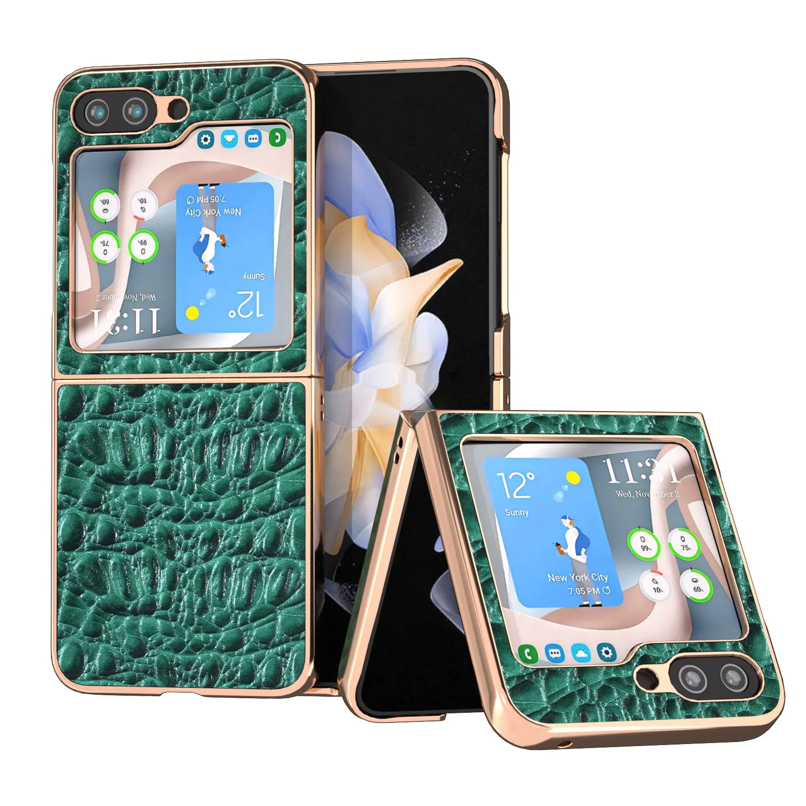 

Genuine Cowhide Leather Case For Samsung Galaxy Z Flip 5 4 3 Flip5 Flip4 Alligator Grain Glossy Electroplated Frame Armor Cover