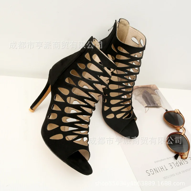 Large 40 - 46 Hollow Fishbill Women's High Heel Sandals Round Head Thin Heel Solid Women's Shoes