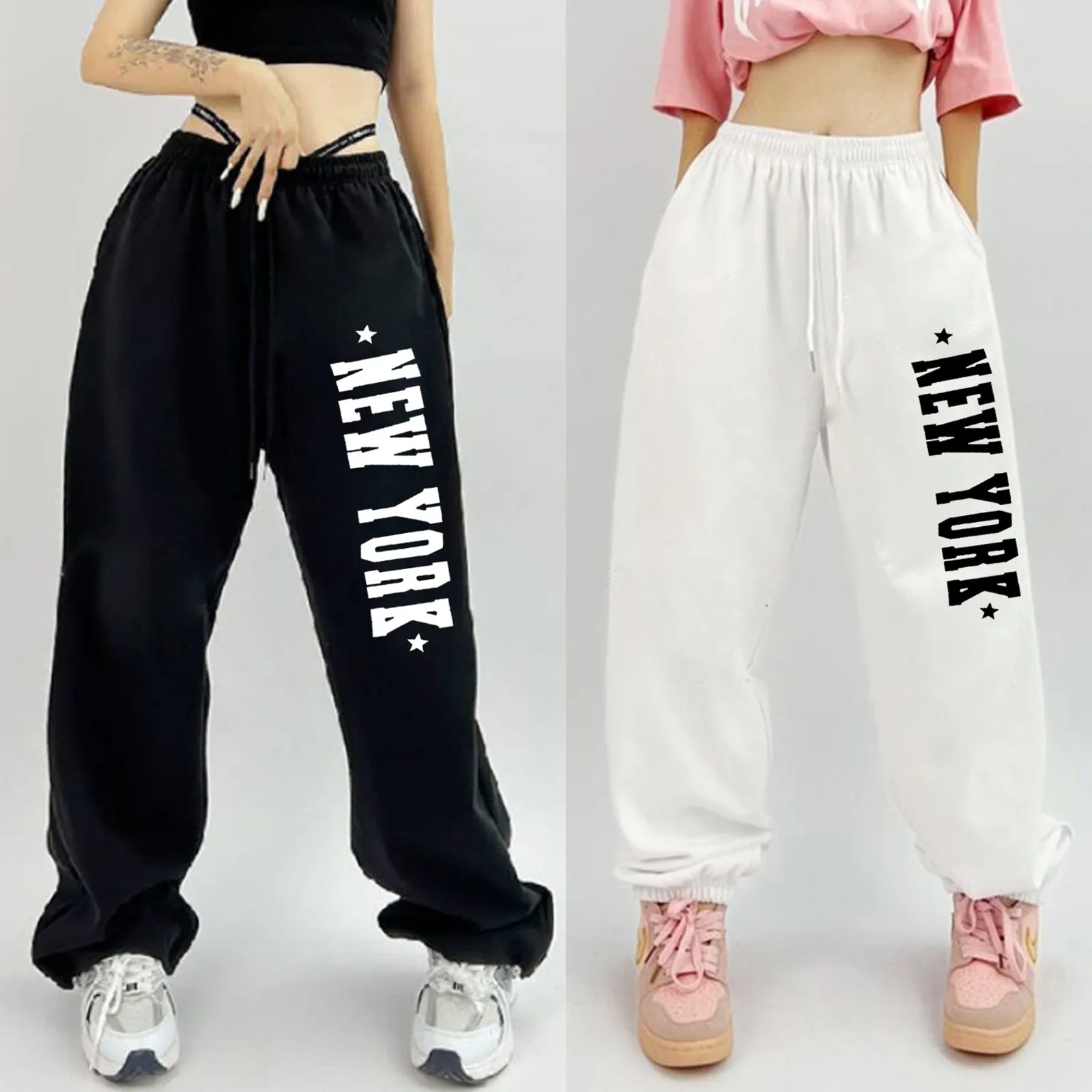 

Ladies Letter Print Sweat Pants Elastic High Waist Loose Drawstring Sport Trousers Women Pockets Oversize Leggings Joggers Pants