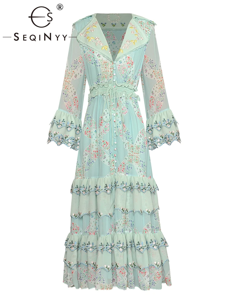 SEQINYY Elegant Midi Dress Summer Spring New Fashion Design Women Runway High Quality Embroidery Vintage Flowers Lace Print Cake