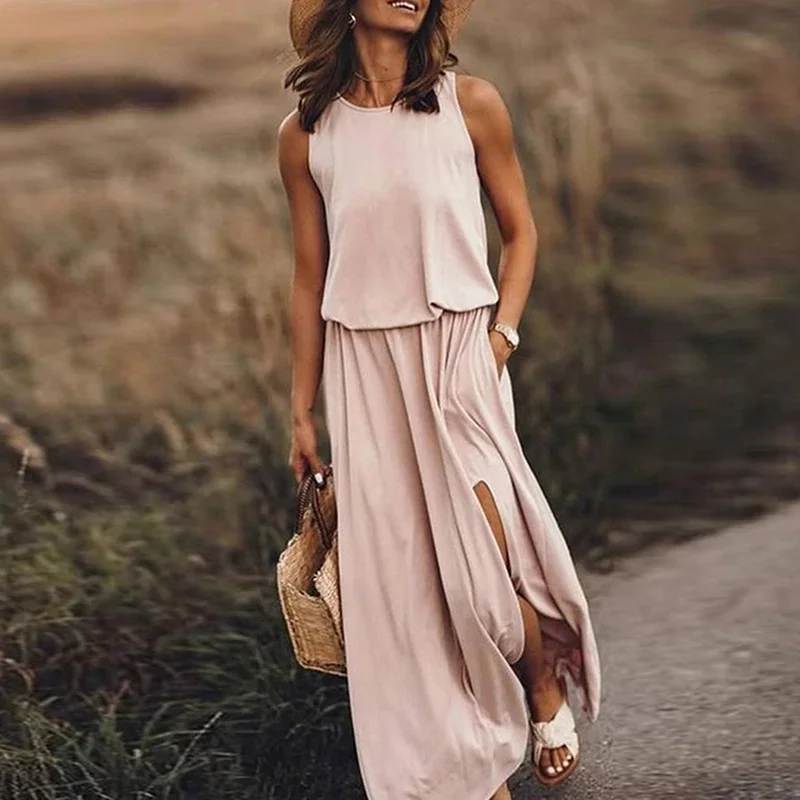 

Summer Casual Dress Women Sleeveless Long Maxi Dress Sexy Side Slit Designer Style Fashion Sundress Female Solid Loose Dress