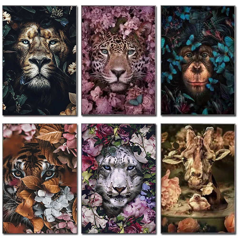 

1 панель животных цветы и птицы Искусственный Тигр и лев плакаты и принты рисунок