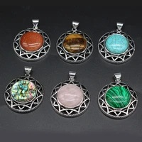 natural stone opal agate rose quartz shell abalone alloy round pendant for jewelry making necklace earring accessorie gift party