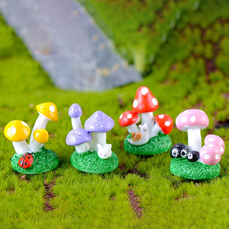 

Mushroom Shape Miniature Animal Cartoon Mushroom Ornament Fairy Garden Decoration Moss Terrarium Resin Crafts Decorations