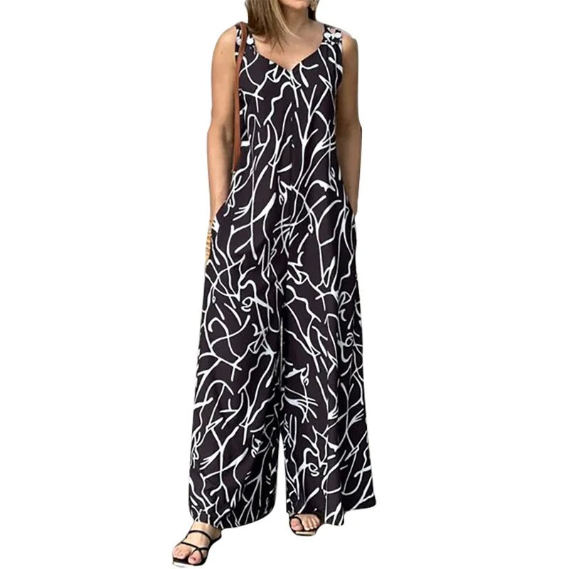 

Новинка лета 2023 Amazon, женский комбинезон в европейском и американском стиле на бретелях без рукавов с принтом и широкими штанинами для женщин