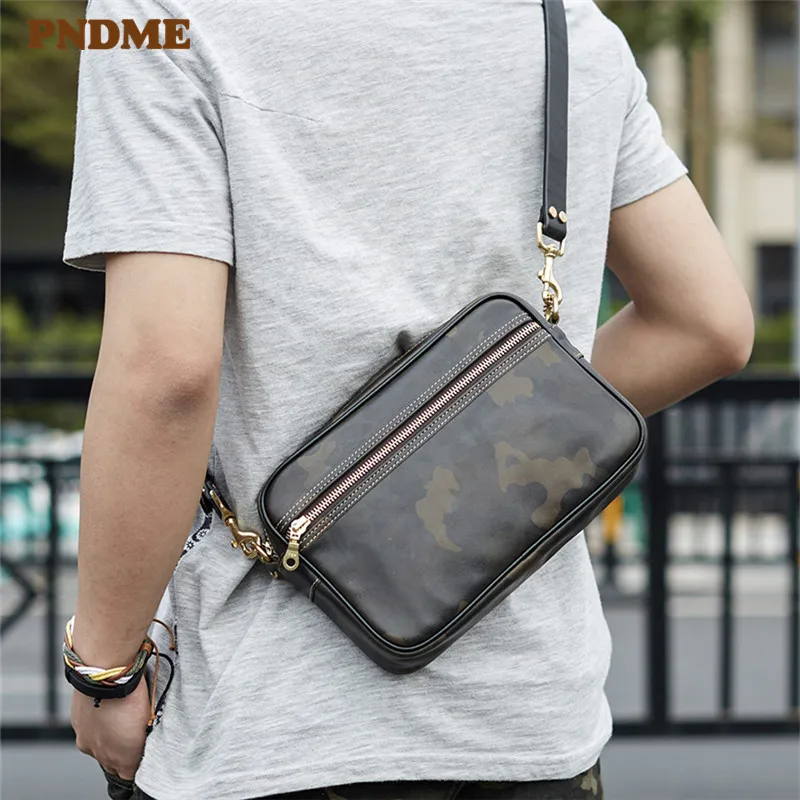 PNDME simple handmade first layer cowhide men's shoulder bag casual outdoor weekend daily genuine leather teens crossbody bag