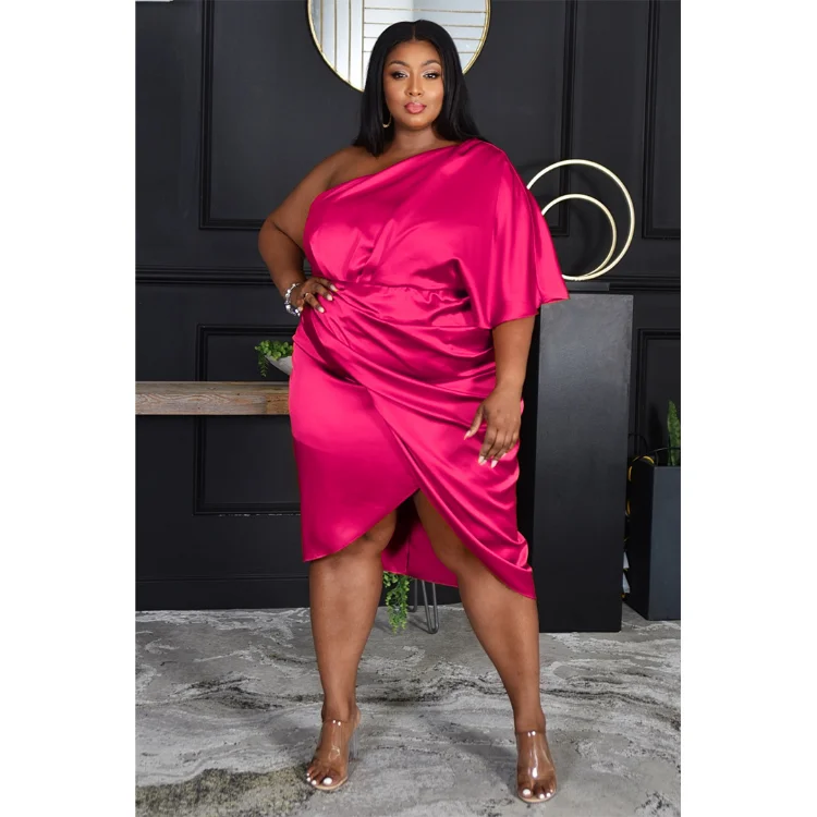 Plus Size Dresses High Quality Pleated Asymmetric One Side Sleeve Bright Skirt Slim Fit Office Lady for Vestidos Party Dresses